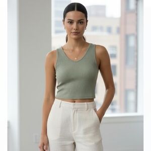 Sage Green Ribbed V-Neck Stretchy Crop Top SZ XS/S